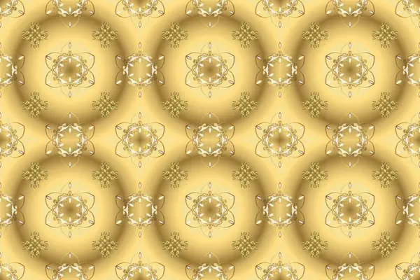 Sarı, nötr ve bej renkli desenler. Kına dövmeli süs çiçekleri, altın çıkartmalar, mehndi ve yoga tasarımı, kartlar ve parmak izleri. Raster altın mehndi kusursuz desen.