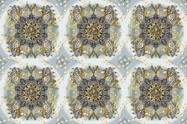 Barok tarzında duvar kağıdı tasarımı için kusursuz damaske deseni arkaplanı. Süslü raster dekorasyonu. Altın desenli gri, bej ve nötr altın elementler.