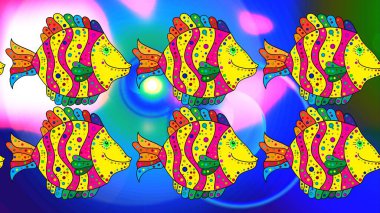 Suyun altında renkli balıkların yüzdüğü eskiz sahnesi. Mavi, sarı ve yeşil renklerde balıklar. Raster illüstrasyonu.