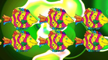 El çizimi. Çizim kalıbı. Yeşil, sarı ve morumsu balıklar. Renkli arka planda kunduz balığı. Raster illüstrasyonu.