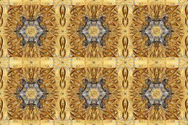 Kahverengi, bej ve sarı renkleri altın elemanları ile sorunsuz vintage desen. Noel, kar tanesi, yeni yıl 2019.