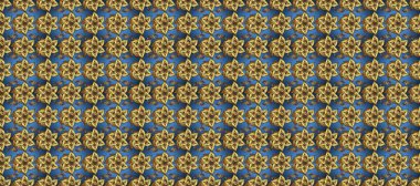 Süslü raster dekorasyonu. Altın desenli mavi, sarı ve kahverengi renklerde altın elementler. Barok tarzında duvar kağıdı tasarımı için kusursuz damaske deseni arkaplanı.