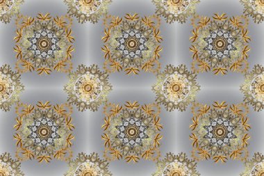 Barok tarzında altın çiçekli süs. Antika altın tekrarlanabilir duvar kağıdı. Damask pürüzsüz yineleme kalıbı. Gri, bej ve kahverengi renklerde altın element.