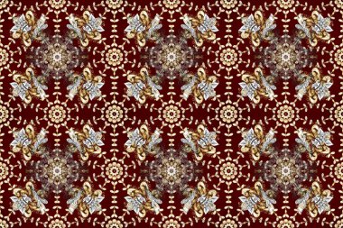 Kusursuz desenli oryantal süs. İslam tasarımı. Kahverengi, bej ve kırmızı renklerde altın desenli altın elementler. Altın tekstil baskısı. Çiçek karoları.
