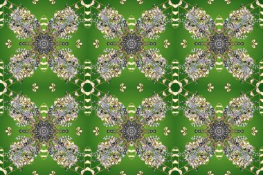 Geleneksel oryantasyon süsü. Yeşil, gri ve nötr renklerde altın elementlerle kusursuz desen. Klasik klasik klasik arka plan. Klasik raster altın pürüzsüz desen.