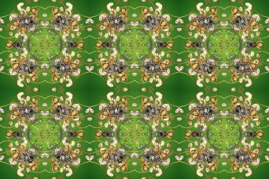 Altın desenli yeşil, bej ve nötr renklerde altın elementler. Barok tarzında duvar kağıdı tasarımı için kusursuz damaske deseni arkaplanı. Süslü raster dekorasyonu.