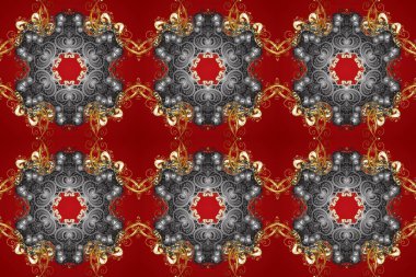 Klasik klasik klasik arka plan. Geleneksel oryantasyon süsü. Klasik raster sarısı, kusursuz desen. Altın elementlerle kırmızı, gri ve kahverengi renklerde kusursuz desen.