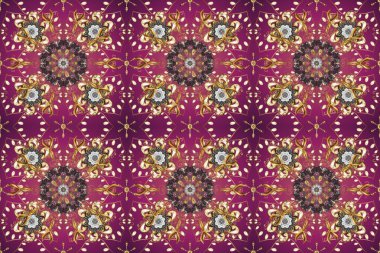 Mor, kahverengi ve bej renklerde altın element. Barok tarzında altın çiçekli süs. Damask kusursuz yinelenen arkaplan. Doku arkaplanı üzerine altın duvar kağıdı.