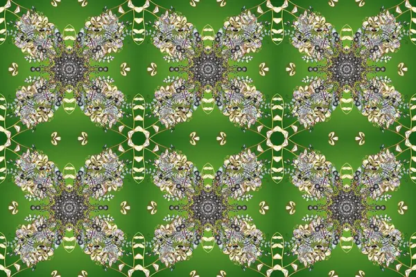Geleneksel oryantasyon süsü. Yeşil, gri ve nötr renklerde altın elementlerle kusursuz desen. Klasik klasik klasik arka plan. Klasik raster altın pürüzsüz desen.