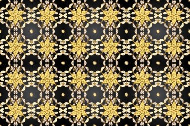 Kusursuz kraliyet lüksü, altın barok kumaş rengi. Altın antika ortaçağ dekoratifi, yapraklar ve altın desenli gri, bej ve kahverengi renklerle derlenmemiş desenler..