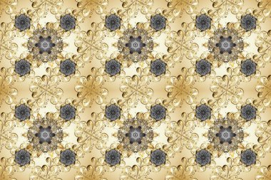 Tekrarlayan elementlerle kusursuz soyut arkaplan. Klasik raster şablonu. Bej, nötr, gri ve altın desenli.