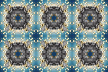 Dekoratif simetri arabesk. Gri, mavi ve bej renklerde altın. Raster illüstrasyonu. Doğum günü kartı, davetiye ya da afiş için iyidir. Kusursuz ortaçağ çiçek desenleri..