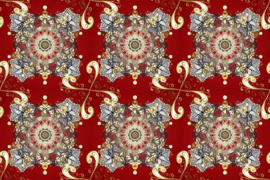 Altın element kırmızı, gri ve bej renklerde. Doku arka planında altın duvar kâğıdı. Barok tarzında altın çiçekli süs. Damask kusursuz yinelenen arkaplan.