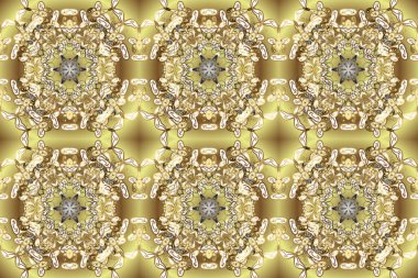 Kusursuz altın desenli bukleler. Doğu tarzı arabesk. Raster. Altın desen. Tarafsız, bej ve kahverengi renklerde altın elementlerle kusursuz desen. Parlak dantel, stilize çiçekler, şal desenli.