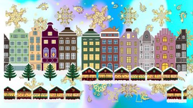 Raster. Tarafsız, mavi ve kahverengi renkli evler. Tepelerde ve ağaçlarda renkli parlak binalar.