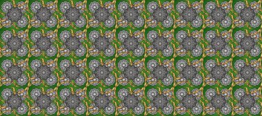 Geleneksel raster ve altın desen. Damask pürüzsüz süsü. Klasik oryantal desen yeşil, gri ve kahverengi renkler üzerine.