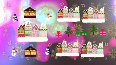 Unusual christmas illustration postcard on neutral, violet and brown colors. Amazing fairy house decorated at christmas in magical forest. Raster illustration. clipart