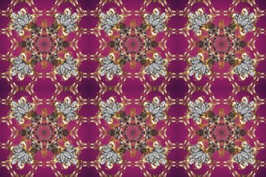 Davetiyeler, kartlar, web sayfası için Raster illüstrasyon. Doğu tarzı element. Çizgi sanatı tasarım şablonu için kusursuz sınır. Altın desenli çiçek dekoru. Mor, kahverengi ve bej renklerde altın element