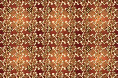 Geleneksel raster ve altın desen. Damask pürüzsüz süsü. Kahverengi, bej ve turuncu renkler üzerinde klasik oryantal desen.