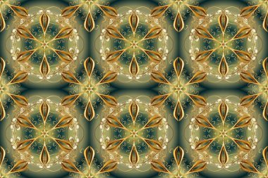 Yeşil, nötr ve kahverengi renklerde altın element. Barok tarzında altın çiçekli süs. Antika altın tekrarlanabilir duvar kağıdı. Damask pürüzsüz tekrarlama deseni.