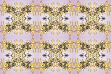 Tarafsız, bej ve gri renklerde altın, altın elementlerle. Raster illüstrasyonu. Tekrarlayan elementlerle soyut arkaplan oluşturun. Kusursuz, klasik altın desen..