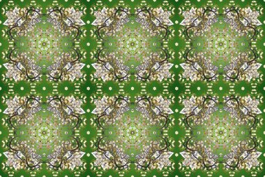 Raster altın desen. Doğu tarzı arabesk. Gri, yeşil ve altın elementli nötr renkler. Raster illüstrasyonu. Kusursuz altın desenli bukleler..