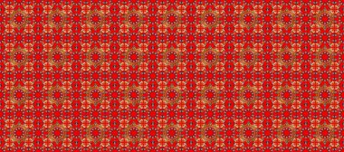 Hassas altın deseni açın. Kırmızı, kahverengi, turuncu renklerde altın elementlerle kusursuz desen. Doğu tarzı arabesk. Kusursuz altın desenli bukleler. Raster. Parlak dantel, stilize çiçekler.