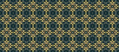 Altın antika ortaçağ dekoratifi, yapraklar ve mavi ve nötr renklerde altın desenli süslemeleri olan dikişsiz bir şablon. Kusursuz kraliyet lüksü, altın barok kumaş rengi..