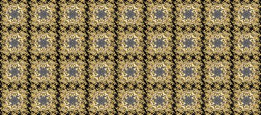 Senin tasarımın için, duvar kağıdı. Raster geometrik arka plan. Gri, kahverengi ve bej renklerde, altın çiçekli altın desenler. Altın rengi kusursuz illüstrasyon.