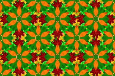 Çiçeksiz desenli arka plan, darbeler, sıçramalar, yaz çiçekleri. Yeşil, turuncu ve kırmızı renkte çiçekler. Raster illüstrasyonu.