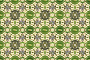 Yeşil, bej ve nötr renklerde altın element. Antika altın tekrarlanabilir duvar kağıdı. Barok tarzında altın çiçek süsü. Damask arkaplanı tekrarlayan kusursuz desen.