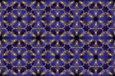 Klasik klasik klasik arka plan. Kusursuz klasik raster altın desenli. Geleneksel oryantasyon süsü. Mavi, mor ve kahverengi renklerde altın elementlerle pürüzsüz desen.
