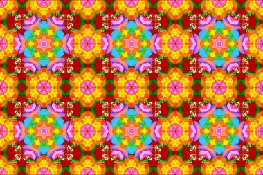 Kabile sanatı boho baskısı, klasik çiçek arkaplanı. Arkaplan dokusu, duvar kağıdı, çiçek teması turuncu, sarı ve kırmızı renkler. Soyut etnik raster pürüzsüz desen.