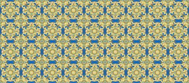 Senin tasarımın için, duvar kağıdı. Altın rengi, kusursuz çizim. Raster geometrik arka plan. Tarafsız, sarı ve mavi renklerde, altın çiçekli altın desenler.