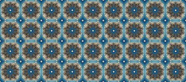 Raster illüstrasyonu. Altın elementli mavi, gri ve kahverengi renklerde klasik, pürüzsüz desen.