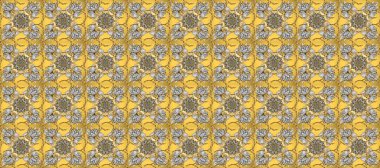 Sarı, gri ve kahverengi renklerde altın element. Damask arkaplanı tekerrür ediyor. Antika altın tekrarlanabilir duvar kağıdı. Barok tarzında altın çiçek süsü..