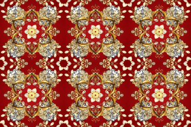 Kırmızı, bej ve kahverengi renklerde, altın elementli klasik, pürüzsüz desen. Raster illüstrasyonu.