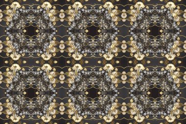 Altın çiçekli, pürüzsüz desen. Barok tarzında altın çiçekli süs. Damask arkaplanı. Gri, bej ve kahverengi renklerde altın bir element.