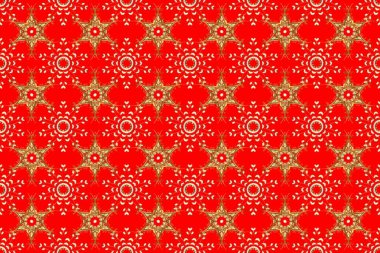Kırmızı, bej ve turuncu renklerde altın desenli altın elementler. Noel, kar tanesi, yeni yıl. Kırmızı, bej ve turuncu renklerde altın elementlerle kusursuz klasik desen.