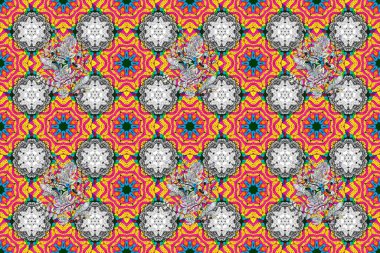 Renkli Yaz Temalı Kusursuz Arkaplan. Raster illüstrasyonunda kusursuz çiçek deseni. Sarı, gri ve morumsu renkte çiçekler. Düz Çiçek Elementleri Tasarımı.