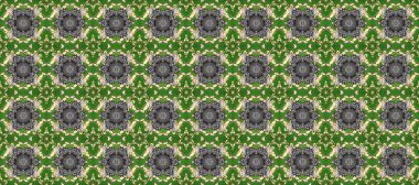 Barok tarzında altın çiçek süsü. Damask arkaplanı tekerrür ediyor. Antika altın tekrarlanabilir duvar kağıdı. Yeşil, gri ve bej renklerde altın element.