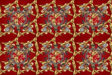 Kırmızı, kahverengi ve bej renklerde altın desenli altın çiçekli elementler. Senin tasarımın için, duvar kağıdı. Altın rengi, kusursuz çizim. Raster geometrik arkaplanı.