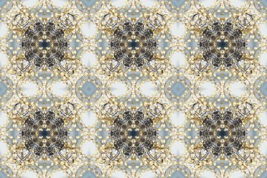 Klasik klasik klasik arka plan. Gri, bej ve altın elementli nötr renklerde kusursuz desen. Klasik raster sarısı, kusursuz desen. Geleneksel oryantasyon süsü.