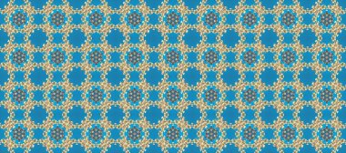 Kına dövmeli süs çiçekleri, altın çıkartmalar, mehndi ve yoga tasarımı, kartlar ve parmak izleri. Raster Golden Mehndi kusursuz desen. Mavi, bej ve nötr renklerdeki desen.