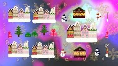 Raster pattern with various cartoon houses. Christmas illustration on neutral, violet and gray colors. Raster illustration. clipart