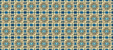 Raster illüstrasyonu. Bej, mavi ve nötr renklerde altın elementlerle kusursuz desen. Geleneksel oryantasyon süsü. Kusursuz klasik raster altın desenli. Klasik vintage arkaplan.