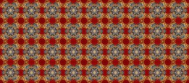 Kusursuz desenli oryantal süs. Çiçek kiremitleri. İslam tasarımı. Raster altın tekstil baskısı. Altın desenli gri, kırmızı ve kahverengi altın elementler.