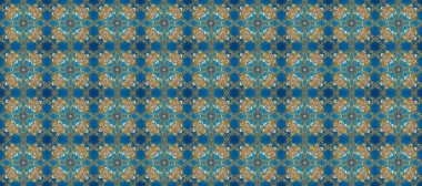 Çiçek kiremitleri. Raster altın tekstil baskısı. İslam tasarımı. Altın desenli mavi, kahverengi ve bej renklerde altın elementler. Kusursuz desenli oryantal süs.