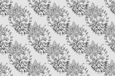 Çiçek deseni. Gri, beyaz ve nötr renklerde çiçeksiz. Raster illüstrasyonu. Şatafatlı bahar bahçesi dokusu. Çiçekler gri, beyaz ve nötr renklerde.