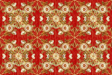 Kahverengi ve kırmızı renklerde altın elementlerle kusursuz desen. Klasik klasik klasik arka plan. Kusursuz klasik raster altın desenli. Geleneksel oryantasyon süsü. Raster illüstrasyonu.